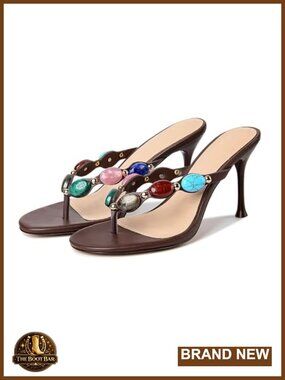 Jeweled Heeled Sandals Beaded Thong Heels Strappy Summer Kitten Heels Open Toe